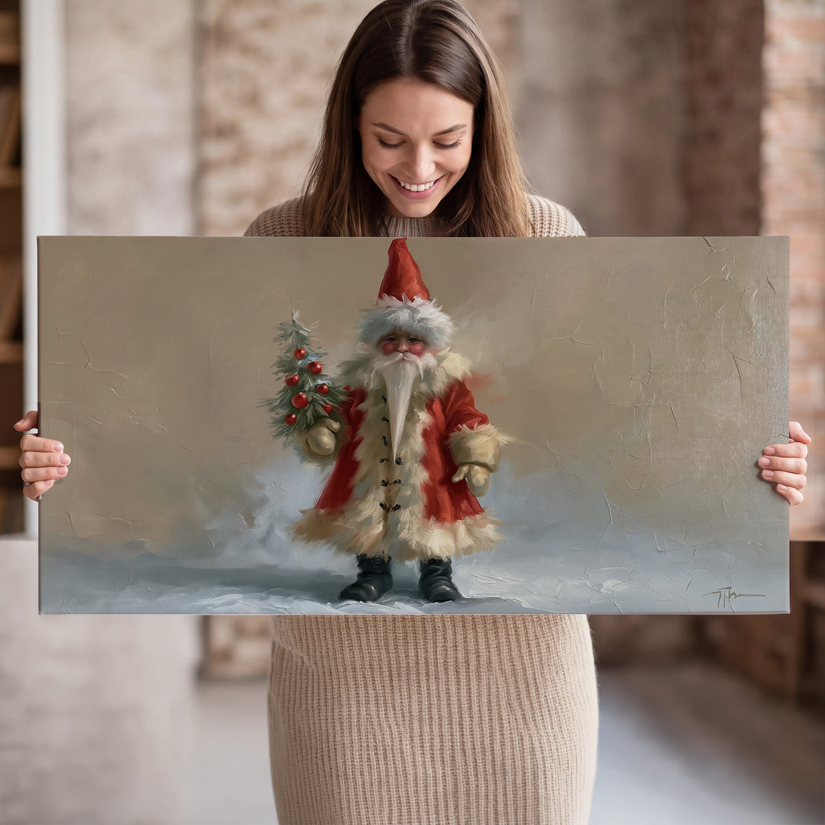 A small storybook Santa in a red coat holding a miniature Christmas tree against a soft neutral background single canvas wall art held in hands