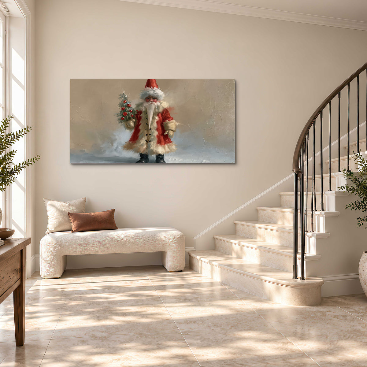 A small storybook Santa in a red coat holding a miniature Christmas tree against a soft neutral background single canvas wall art styled in an interior