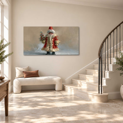 A small storybook Santa in a red coat holding a miniature Christmas tree against a soft neutral background single canvas wall art styled in an interior