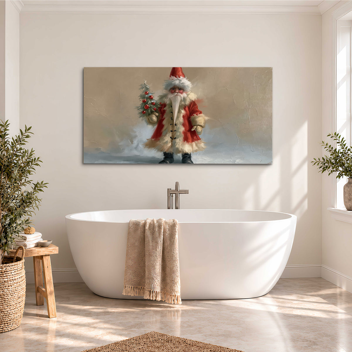 A small storybook Santa in a red coat holding a miniature Christmas tree against a soft neutral background single canvas wall art styled in an interior