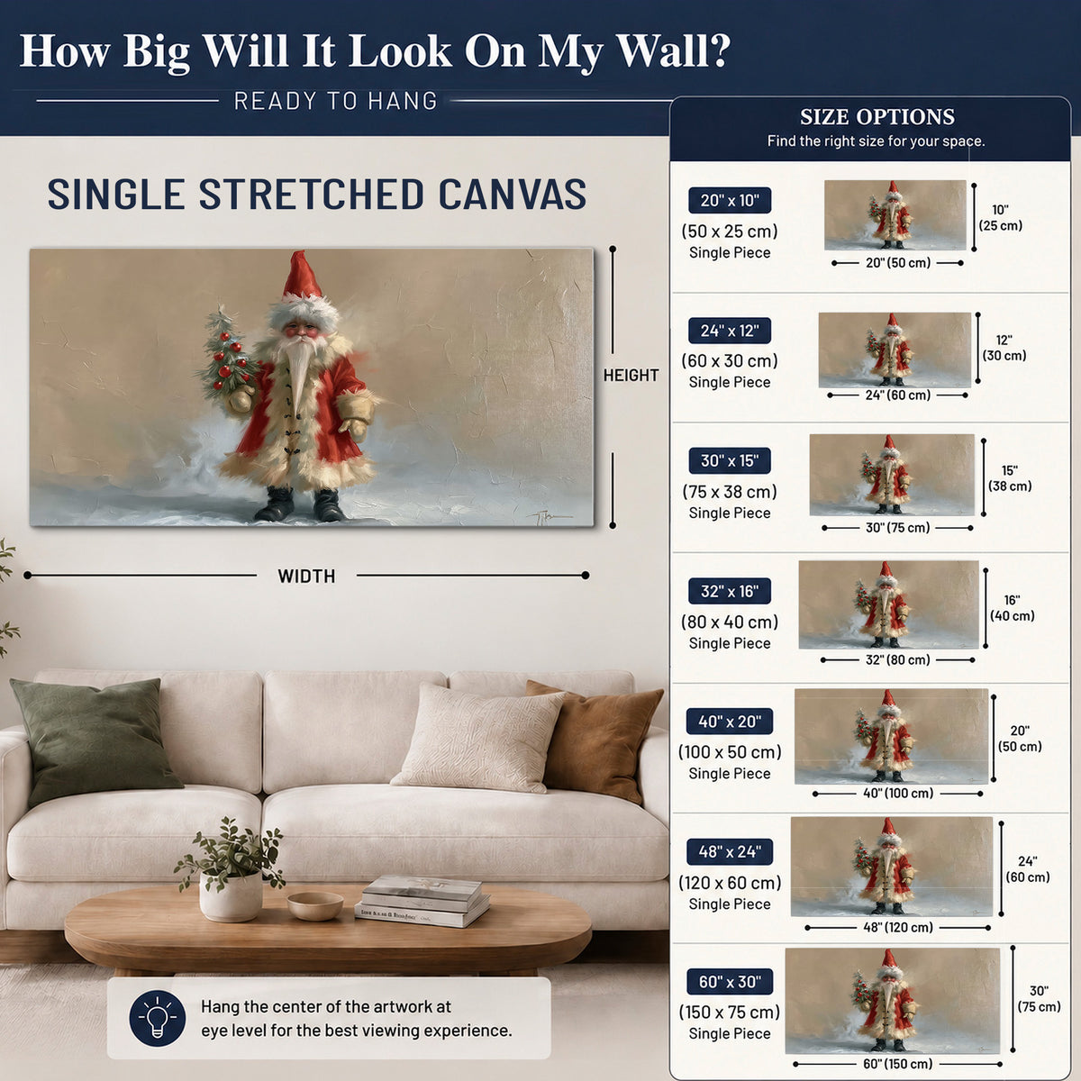 A small storybook Santa in a red coat holding a miniature Christmas tree against a soft neutral background single canvas wall art size guide above a sofa; room view is illustrative