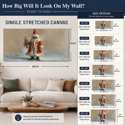 A small storybook Santa in a red coat holding a miniature Christmas tree against a soft neutral background single canvas wall art size guide above a sofa; room view is illustrative