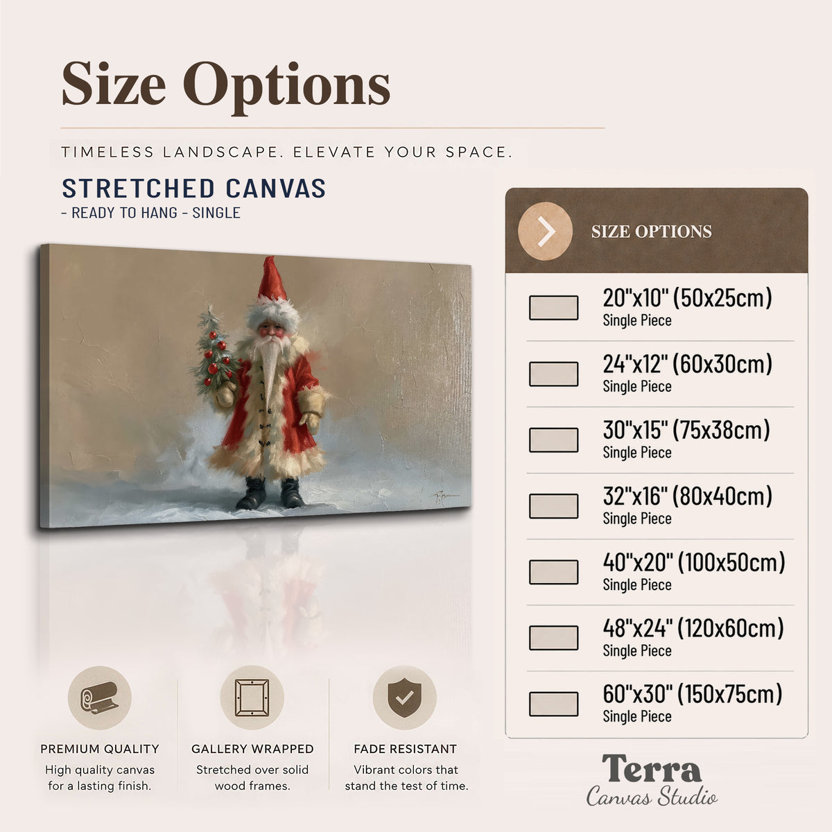 A small storybook Santa in a red coat holding a miniature Christmas tree against a soft neutral background single canvas wall art available dimensions