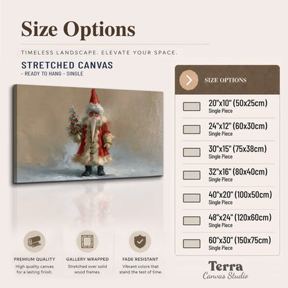 A small storybook Santa in a red coat holding a miniature Christmas tree against a soft neutral background single canvas wall art available dimensions