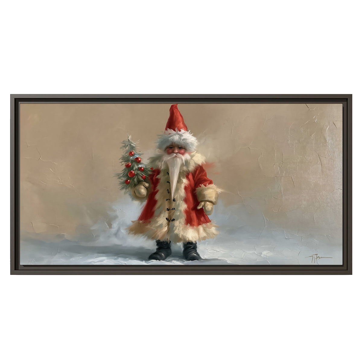 A small storybook Santa in a red coat holding a miniature Christmas tree against a soft neutral background single framed canvas wall art viewed straight on
