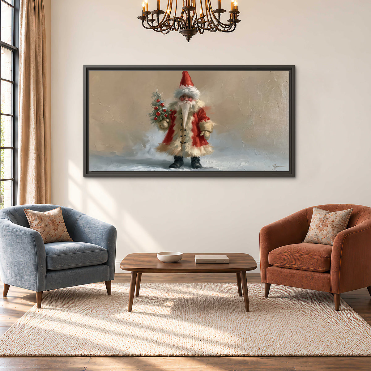 A small storybook Santa in a red coat holding a miniature Christmas tree against a soft neutral background single framed canvas wall art styled in an interior