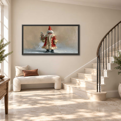 A small storybook Santa in a red coat holding a miniature Christmas tree against a soft neutral background single framed canvas wall art styled in an interior