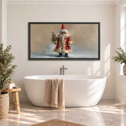 A small storybook Santa in a red coat holding a miniature Christmas tree against a soft neutral background single framed canvas wall art styled in an interior