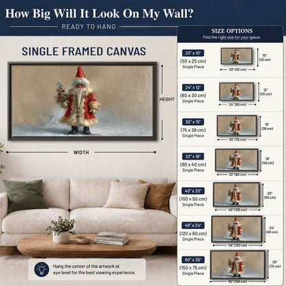 A small storybook Santa in a red coat holding a miniature Christmas tree against a soft neutral background single framed canvas wall art size guide above a sofa; room view is illustrative