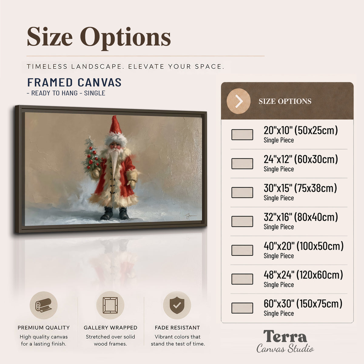 A small storybook Santa in a red coat holding a miniature Christmas tree against a soft neutral background single framed canvas wall art available dimensions