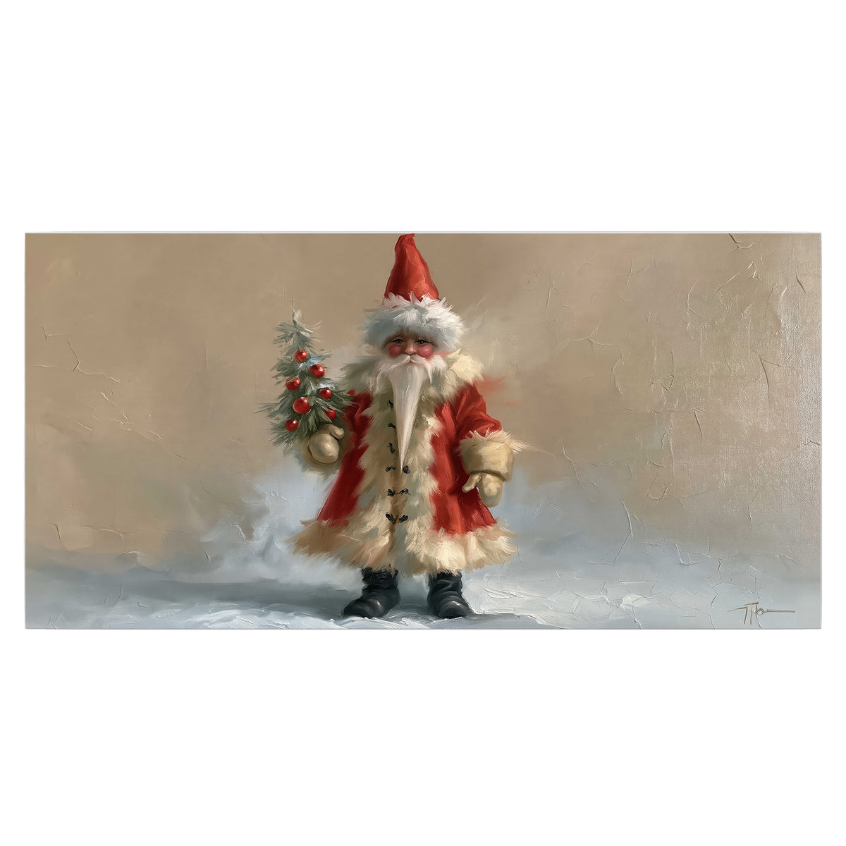 A small storybook Santa in a red coat holding a miniature Christmas tree against a soft neutral background single poster print viewed straight on