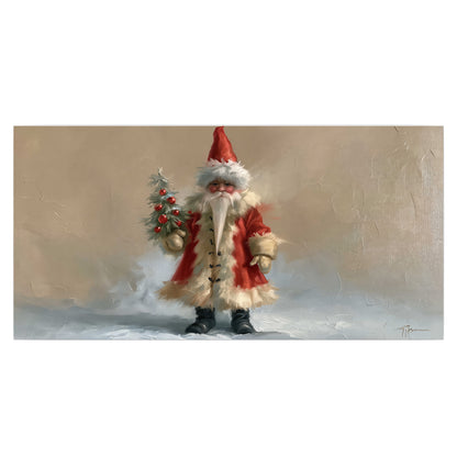 A small storybook Santa in a red coat holding a miniature Christmas tree against a soft neutral background single poster print viewed straight on