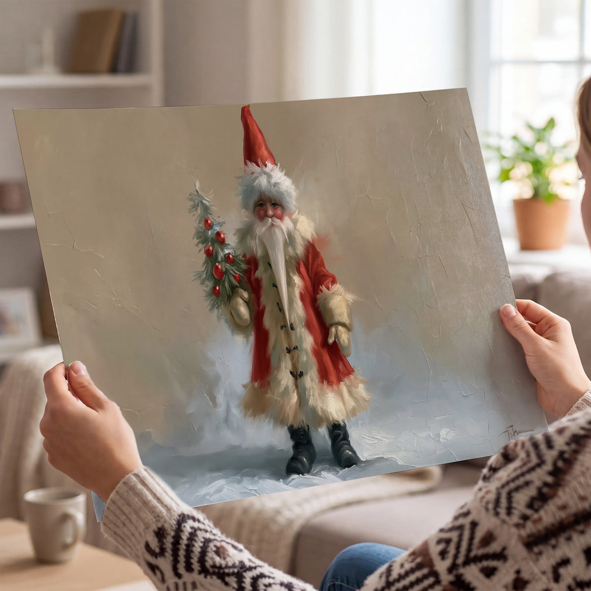 A small storybook Santa in a red coat holding a miniature Christmas tree against a soft neutral background single poster print held in hands