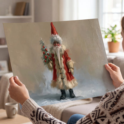 A small storybook Santa in a red coat holding a miniature Christmas tree against a soft neutral background single poster print held in hands