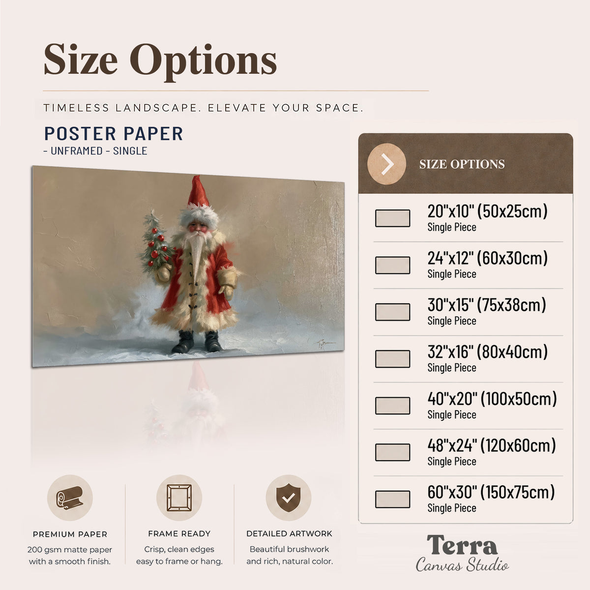 A small storybook Santa in a red coat holding a miniature Christmas tree against a soft neutral background single poster print available dimensions