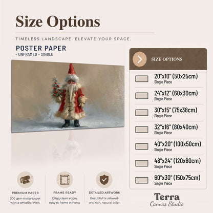 A small storybook Santa in a red coat holding a miniature Christmas tree against a soft neutral background single poster print available dimensions