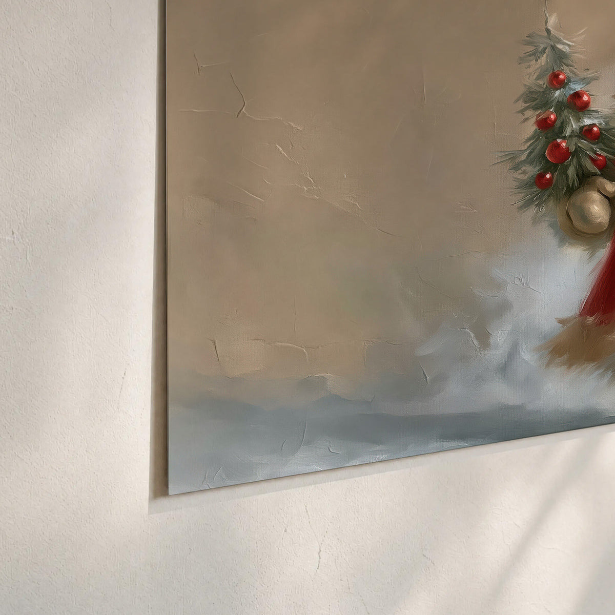 A small storybook Santa in a red coat holding a miniature Christmas tree against a soft neutral background set of 3 poster prints material and edge close up