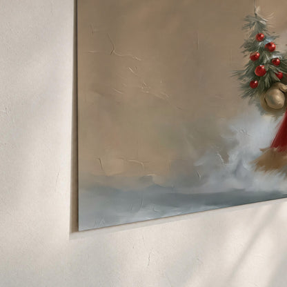 A small storybook Santa in a red coat holding a miniature Christmas tree against a soft neutral background set of 3 poster prints material and edge close up