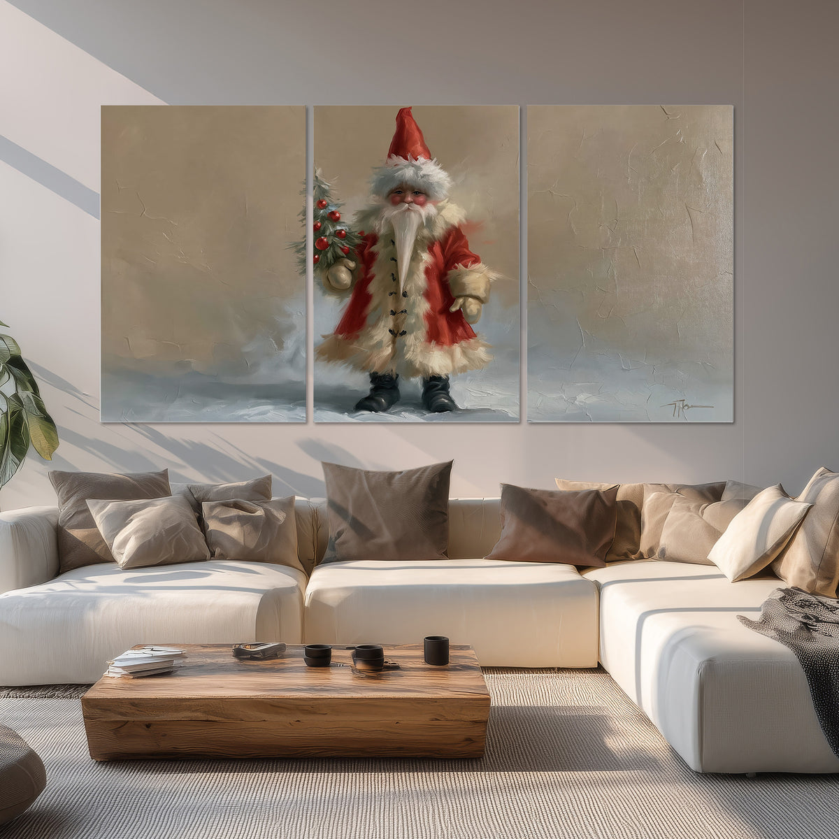 A small storybook Santa in a red coat holding a miniature Christmas tree against a soft neutral background set of 3 poster prints displayed in a living room