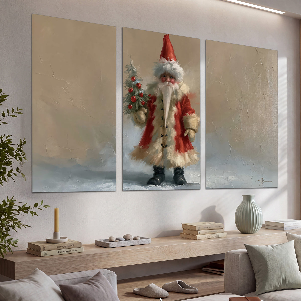 A small storybook Santa in a red coat holding a miniature Christmas tree against a soft neutral background set of 3 poster prints displayed in a console