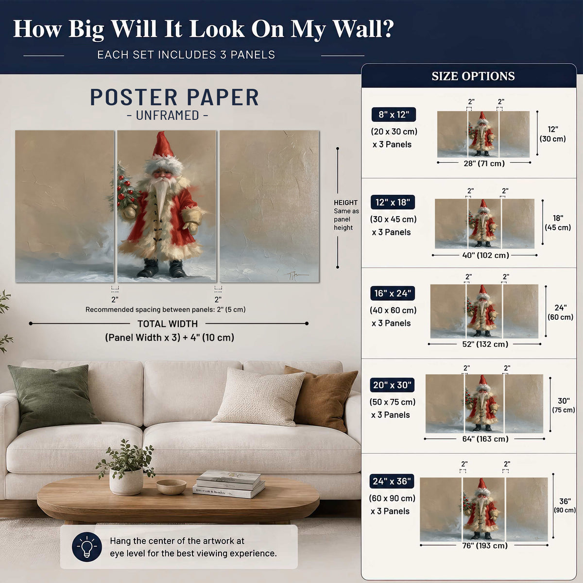 A small storybook Santa in a red coat holding a miniature Christmas tree against a soft neutral background set of 3 poster prints size guide above a sofa; room view is illustrative