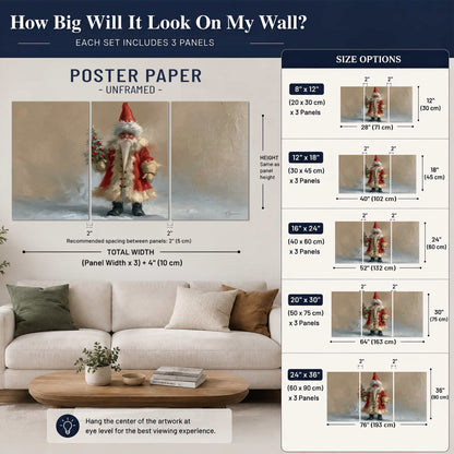 A small storybook Santa in a red coat holding a miniature Christmas tree against a soft neutral background set of 3 poster prints size guide above a sofa; room view is illustrative