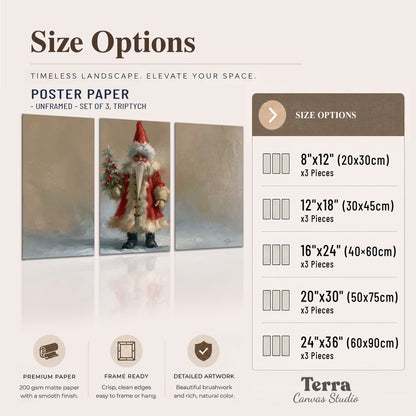 A small storybook Santa in a red coat holding a miniature Christmas tree against a soft neutral background set of 3 poster prints available dimensions; triptych dimensions are per panel