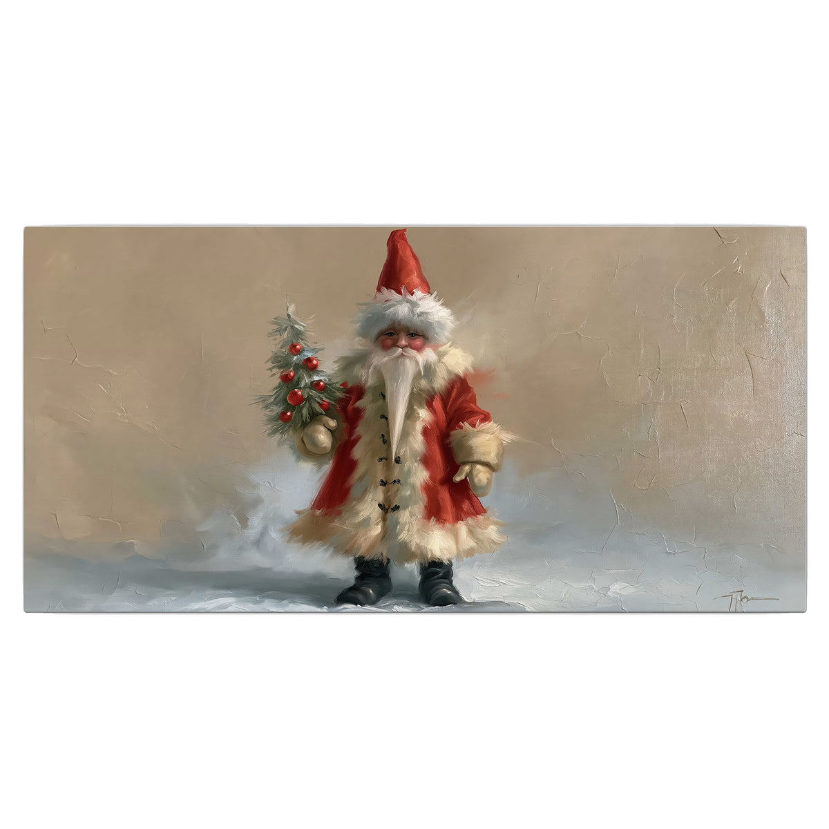 A small storybook Santa in a red coat holding a miniature Christmas tree against a soft neutral background single canvas wall art viewed straight on