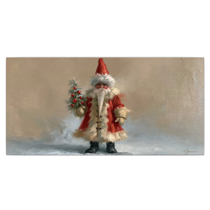 A small storybook Santa in a red coat holding a miniature Christmas tree against a soft neutral background single canvas wall art viewed straight on