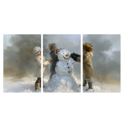Three children gathering around a cheerful snowman on a quiet snowy winter day 3 piece canvas wall art viewed straight on