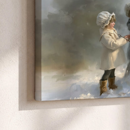 Three children gathering around a cheerful snowman on a quiet snowy winter day 3 piece canvas wall art material and edge close up