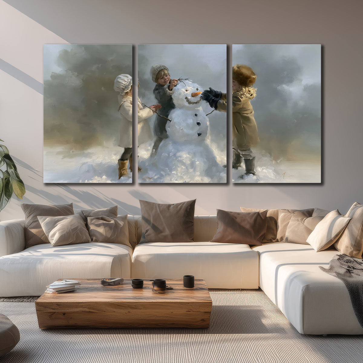 Three children gathering around a cheerful snowman on a quiet snowy winter day 3 piece canvas wall art displayed in a living room
