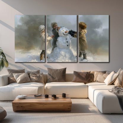 Three children gathering around a cheerful snowman on a quiet snowy winter day 3 piece canvas wall art displayed in a living room