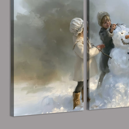 Three children gathering around a cheerful snowman on a quiet snowy winter day 3 piece canvas wall art room and product view