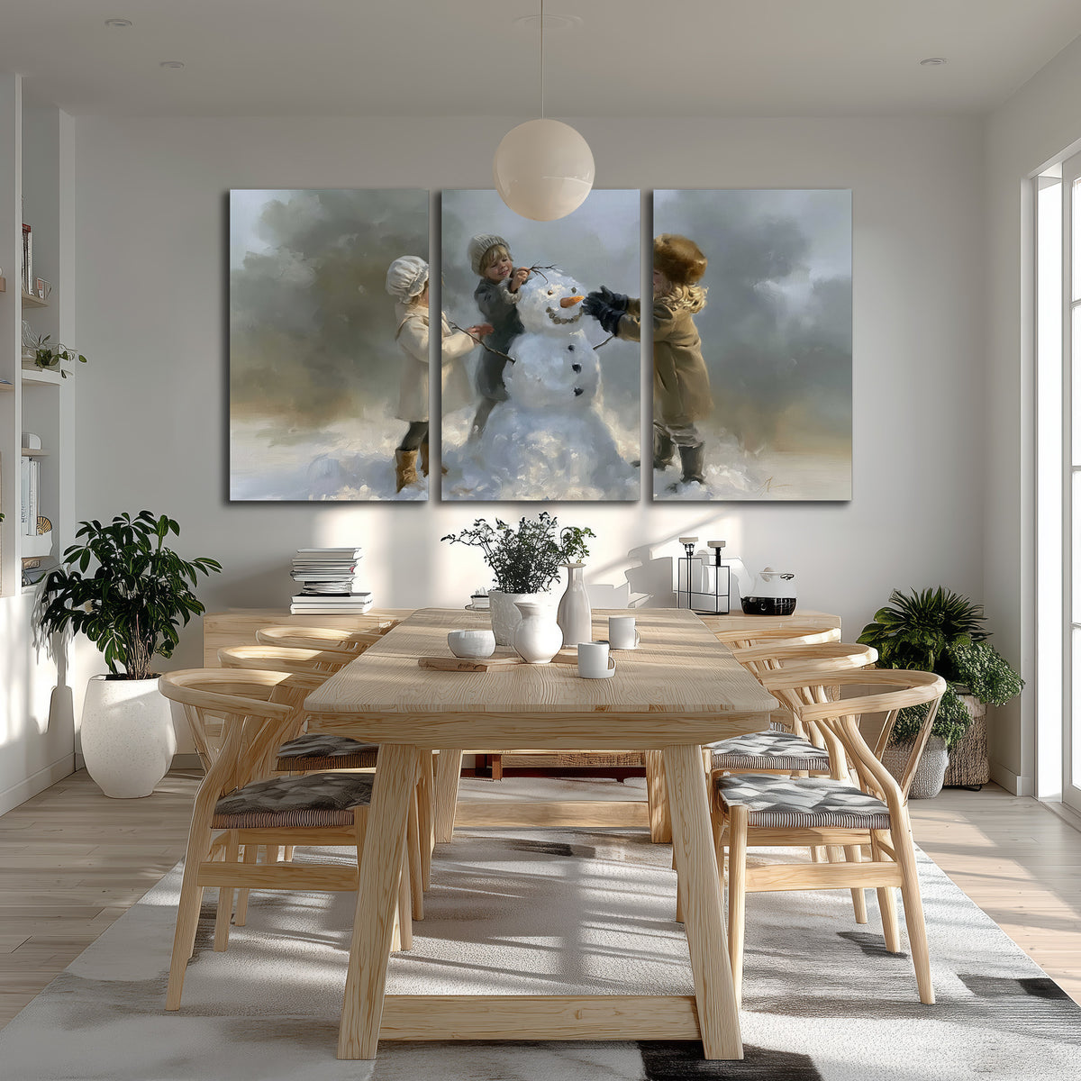 Three children gathering around a cheerful snowman on a quiet snowy winter day 3 piece canvas wall art room and product view