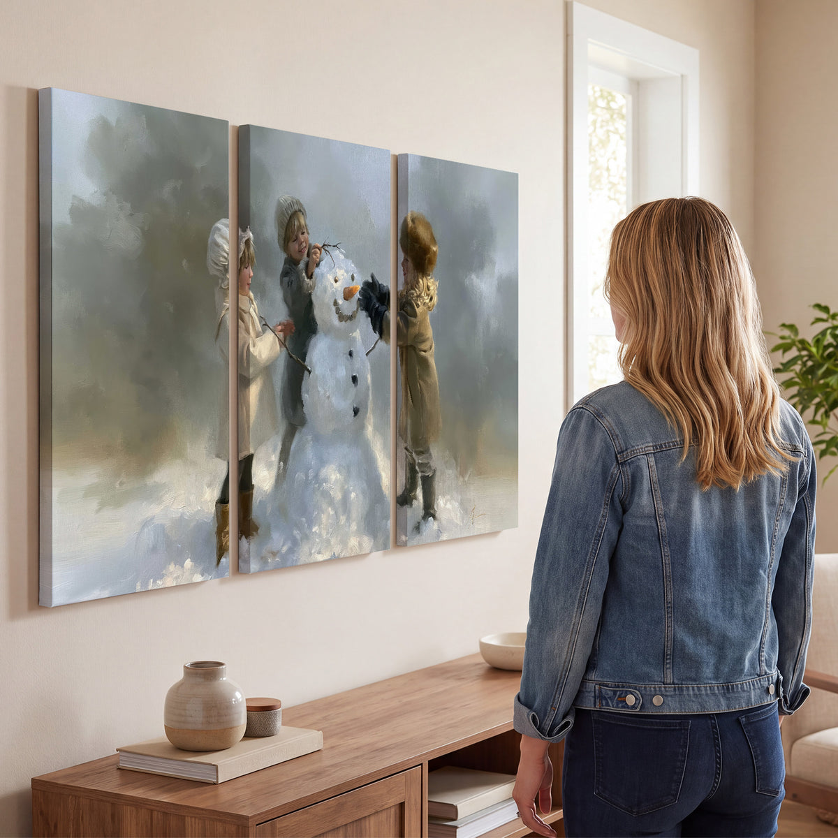 Three children gathering around a cheerful snowman on a quiet snowy winter day 3 piece canvas wall art three panel arrangement on a wall
