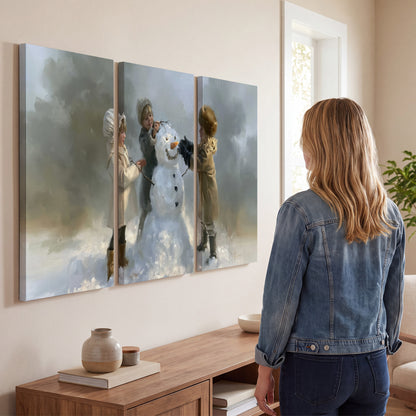 Three children gathering around a cheerful snowman on a quiet snowy winter day 3 piece canvas wall art three panel arrangement on a wall