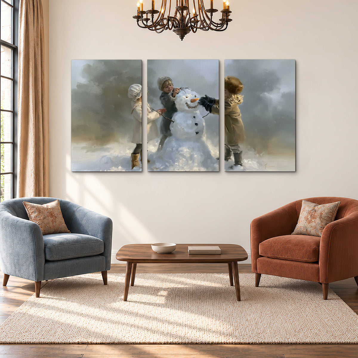 Three children gathering around a cheerful snowman on a quiet snowy winter day 3 piece canvas wall art styled in an interior
