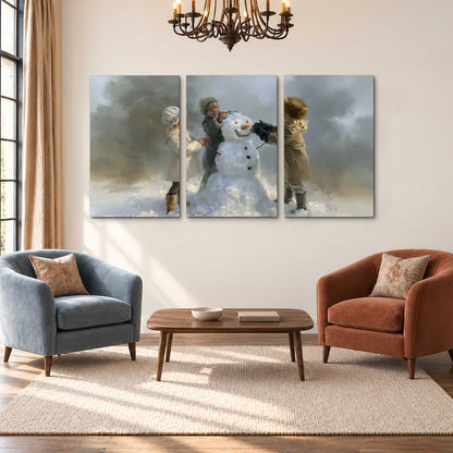 Three children gathering around a cheerful snowman on a quiet snowy winter day 3 piece canvas wall art styled in an interior
