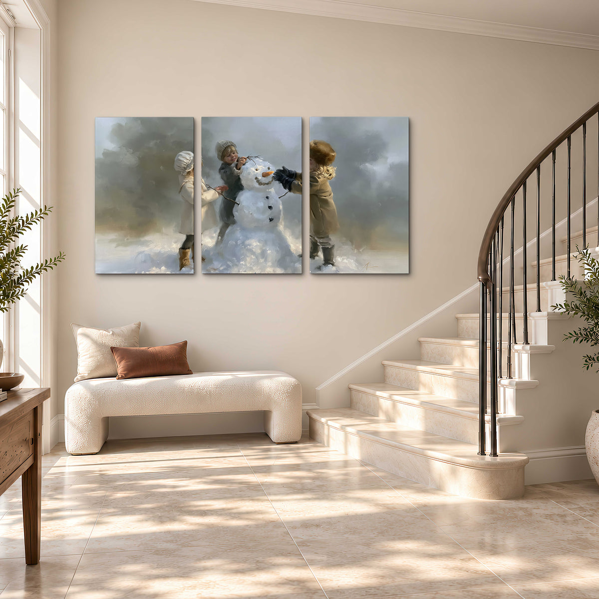 Three children gathering around a cheerful snowman on a quiet snowy winter day 3 piece canvas wall art styled in an interior