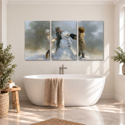 Three children gathering around a cheerful snowman on a quiet snowy winter day 3 piece canvas wall art styled in an interior
