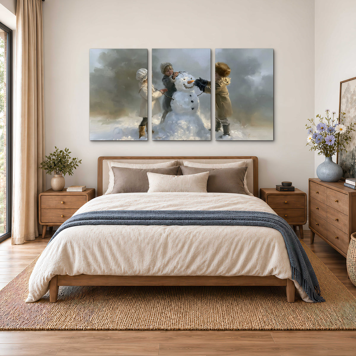 Three children gathering around a cheerful snowman on a quiet snowy winter day 3 piece canvas wall art styled in an interior