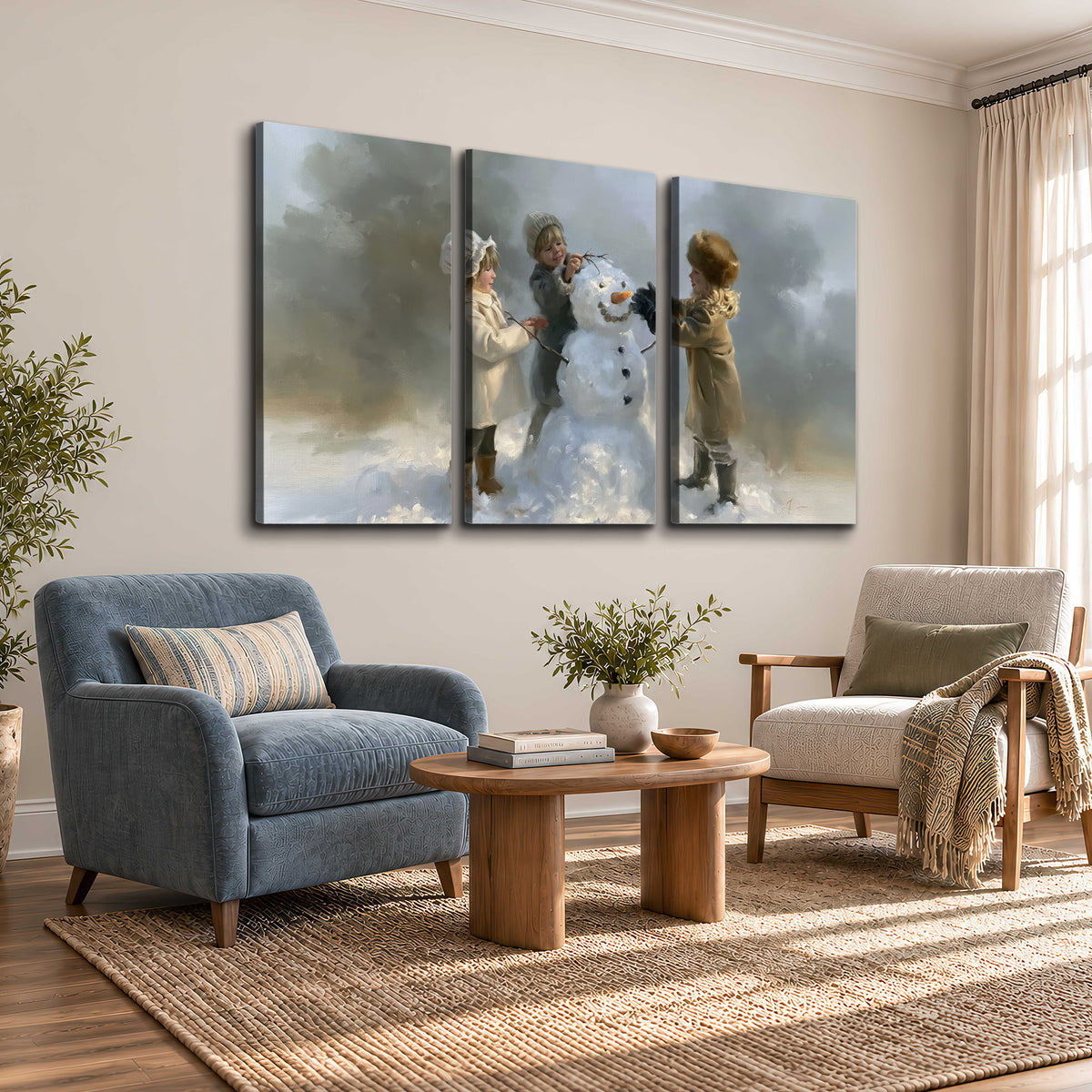 Three children gathering around a cheerful snowman on a quiet snowy winter day 3 piece canvas wall art styled in an interior