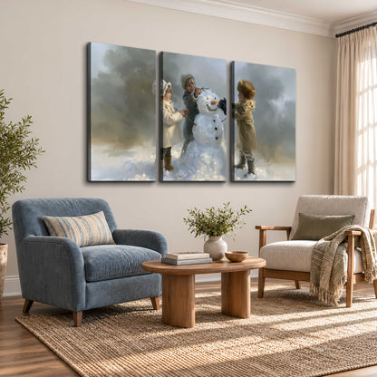 Three children gathering around a cheerful snowman on a quiet snowy winter day 3 piece canvas wall art styled in an interior