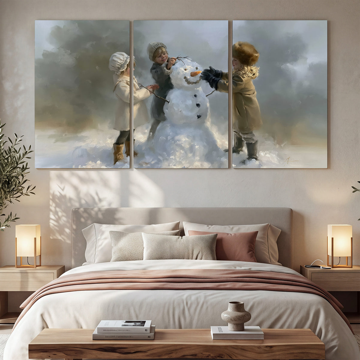 Three children gathering around a cheerful snowman on a quiet snowy winter day 3 piece canvas wall art displayed in a bedroom