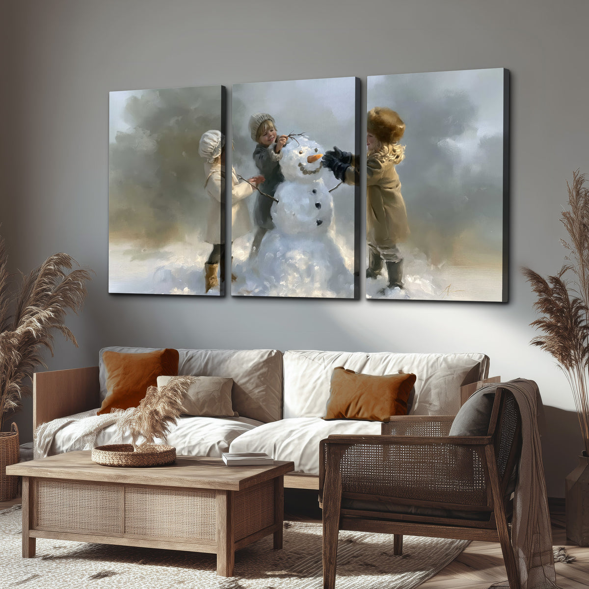 Three children gathering around a cheerful snowman on a quiet snowy winter day 3 piece canvas wall art displayed in a rustic living room