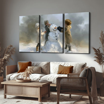 Three children gathering around a cheerful snowman on a quiet snowy winter day 3 piece canvas wall art displayed in a rustic living room