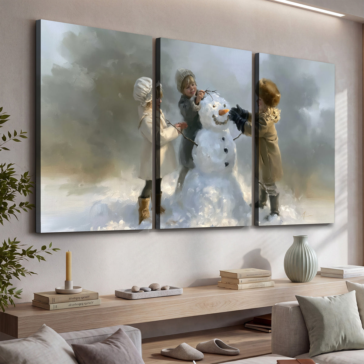 Three children gathering around a cheerful snowman on a quiet snowy winter day 3 piece canvas wall art displayed in a console