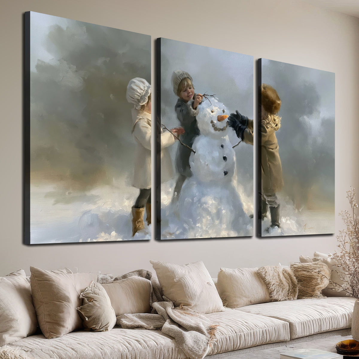 Three children gathering around a cheerful snowman on a quiet snowy winter day 3 piece canvas wall art room and product view