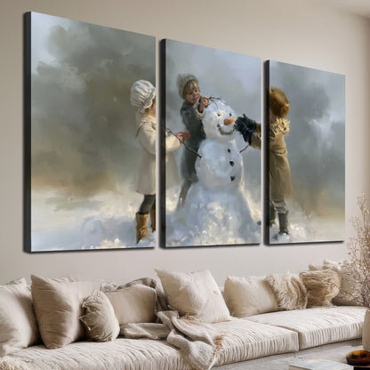 Three children gathering around a cheerful snowman on a quiet snowy winter day 3 piece canvas wall art room and product view